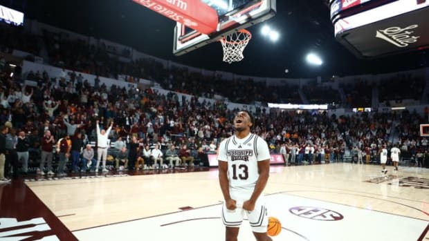Mississippi State freshman guard Josh Hubbard celebrates a home win against No. 5 Tennessee